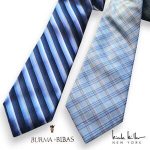 Lot of (2) 100% Silk Blue Ties Nicole  Miller + Burma Bibas Striped & Plaid
